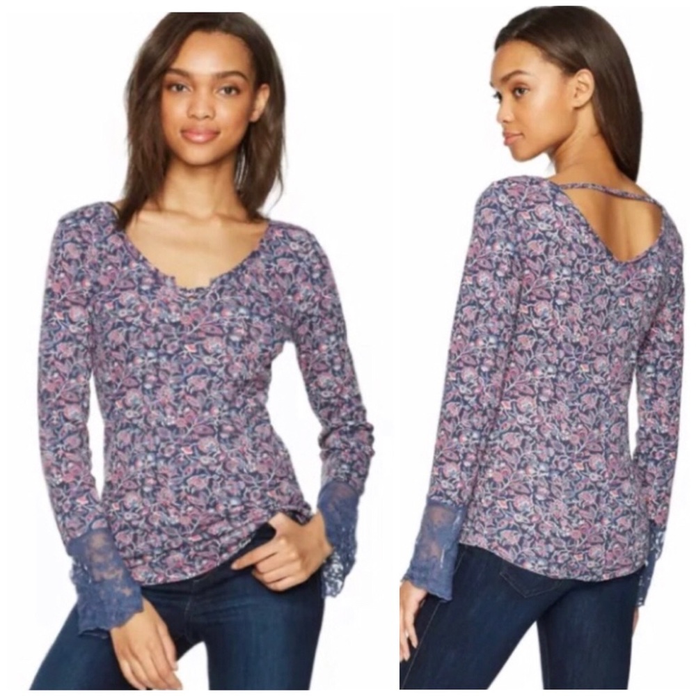 WILLIAM RAST Clementine Textured Lace-Cuff Patriot Blue Floral Graphic XL